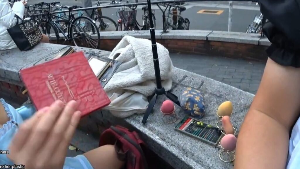 Hazu's entire makeup kit laid out on the park bench.