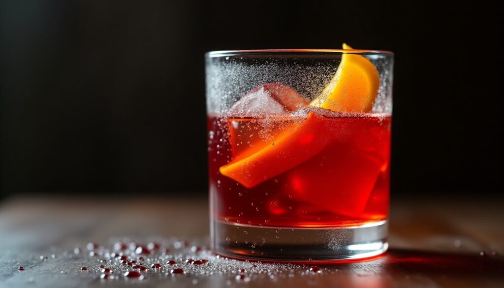 A glass of Negroni Sbagliato or beautiful mistake in an old-fashioned glass.